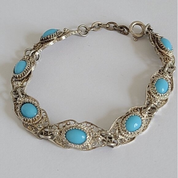 Vintage Antique Boho Sterling Silver Turquoise Cabochon Filigree Chain Bracelet - Picture 5 of 12